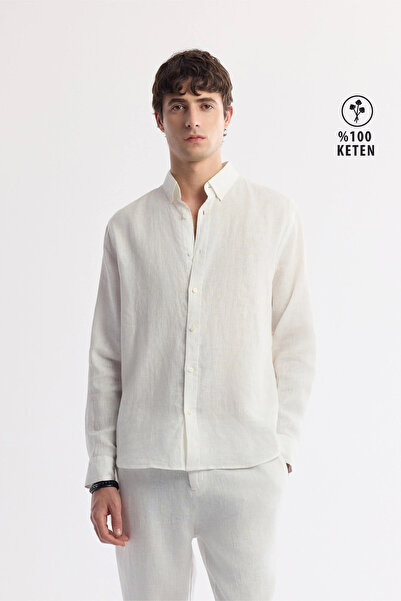 Avva Pánská bílá košile s knoflíkovým límcem ze 100% lnu Comfort Fit B002191