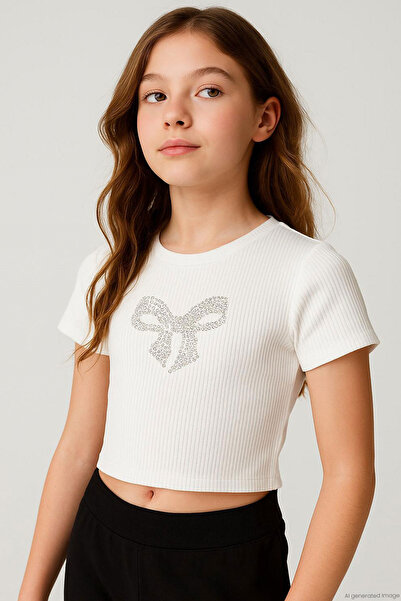 Breeze Girl's T-Shirt with Rhinestone Bow Printed 8-14 Years Old, Ecru