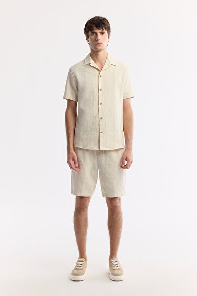 Avva Men's Beige Elastic Waist Lace-Up 100% Cotton Relaxed Fit Shorts A51Y3708