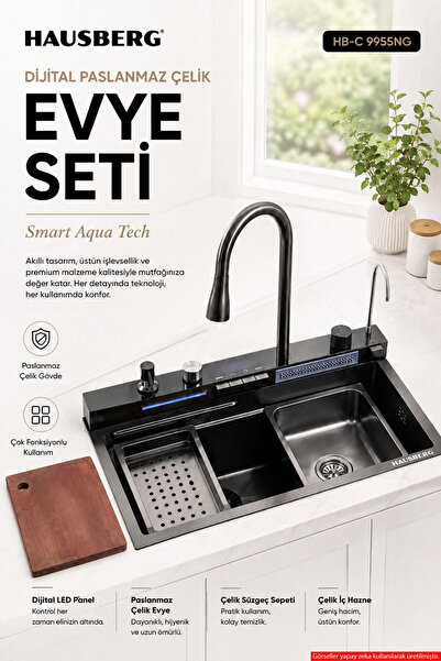 Hausberg Dijital Akıllı Evye Seti — 75x45 cm Şelale Bataryalı, LED Sıcaklık G...