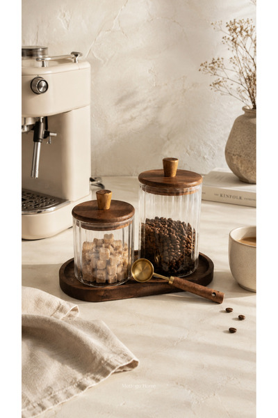 Mottogo Coffee Corner Glass Jar Set of 2 with Acacia Lid and Tray, Gold Measu...