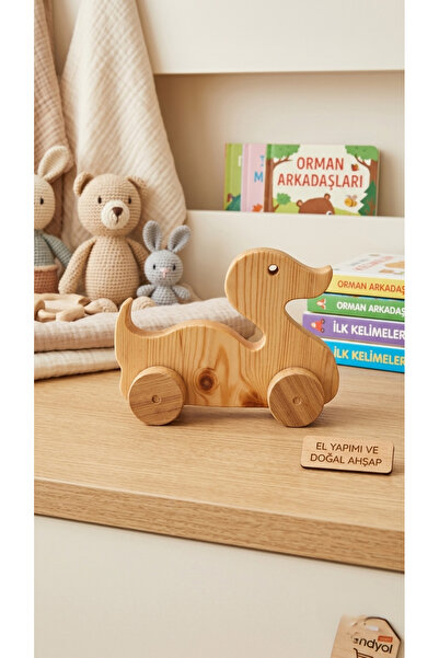 Doğal Ahşap El Yapımı Tekerlekli Ördek Oyuncak - Montessori Eğitici Çocuk Hediyesi