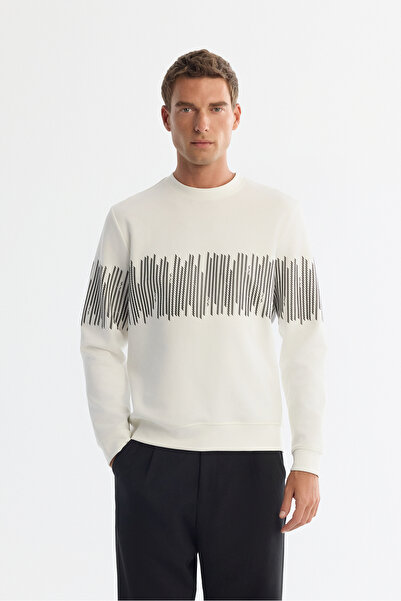 Avva Men's Ecru Crew Neck Cotton Striped Sweatshirt B 001203