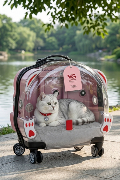 VİGİ STORE VG Şeffaf Tekerlekli ve Çekçekli Kedi Köpek Taşıma Valizi Büyük Model