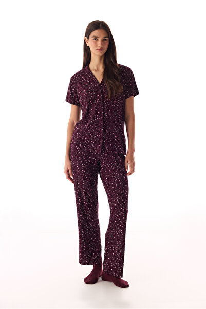 Penti Bordo Leopar Fitilli Kısa Kollu Gömlek Pantolon Pijama Takımı