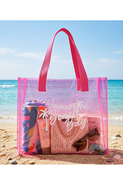 STEPDIAMOND Pembe Kadın Beach Bag Baskılı Şeffaf Yazlık Plaj Omuz Çantası