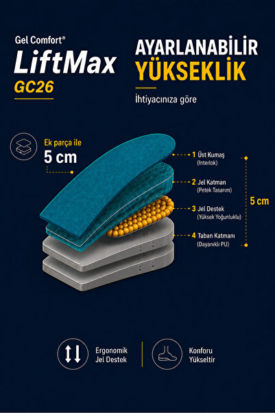 Gel Comfort GC26 5 cm Jel Boy Uzatıcı Yarım Tabanlık | Topuk Destekleyici Ortopedik Boy Uzatan Jel Topukluk