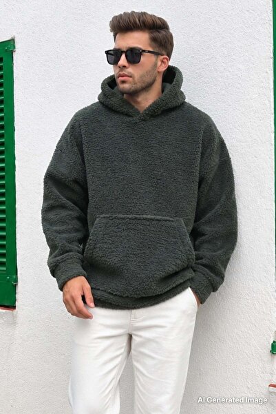 Madmext Khaki Oversize Plush Men's Sweatshirt 6160