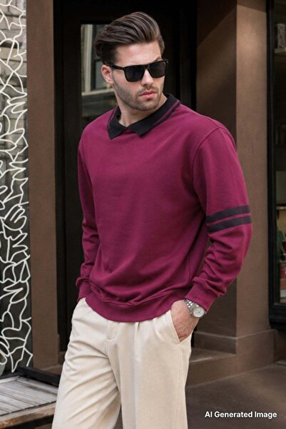 Madmext Burgundy Polo Collar Oversize Men's Sweatshirt with Stripe on the Sle...