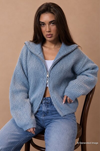 Madmext Indigo Double Zipper Women's Knitwear Cardigan Mg2532