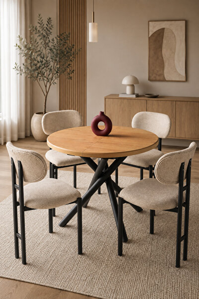 Lisso Home Duru Açılır Masa İtalyan Metal Ayak 100(+35) Çap Meşe Tabla-İtalya...