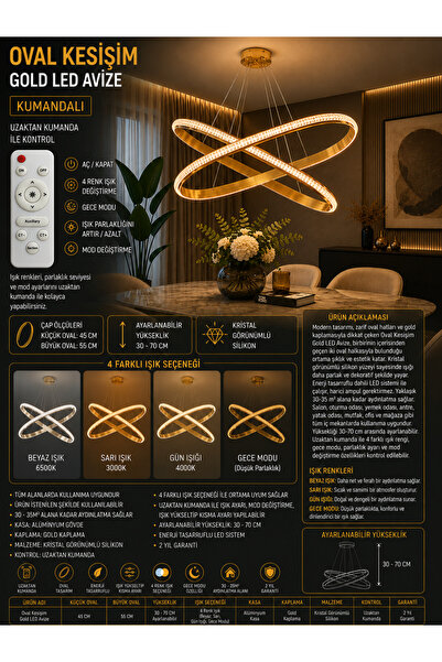Genel Markalar Oval Kesişim Gold LED Avize - 4 Renk Aydınlatma Seçeneği (KUMA...