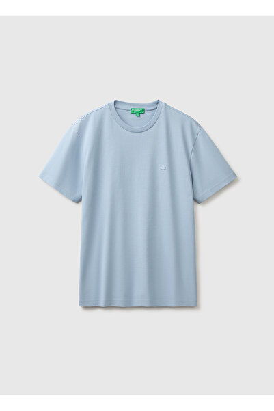 United Colors of Benetton Men's Light Blue 100% Cotton Logo Crew Neck T-Shirt