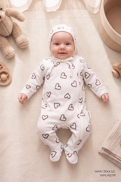 VAUVA Jumpsuit Newborn Baby Patterned 100% Cotton Jumpsuit with Hat
