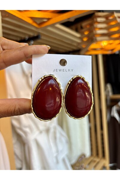 Gözde Tasarım Butik Women's Gold Gold-Framed Oval Large Burgundy Earrings