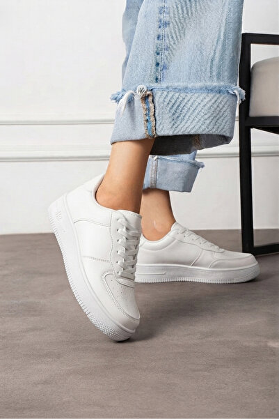 Nstil Kadın Beyaz Sneaker Kalın Tabanlı Bağcıklı Hafif Nefes Alan Günlük Yürü...