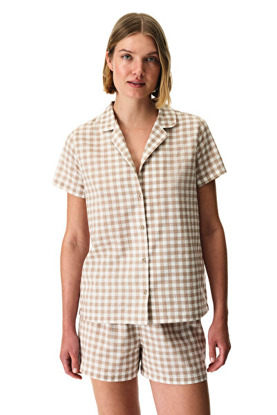 Penti Latte Beige Gingham Gingham Patterned Short Sleeve Shirt Shorts Pajama Set