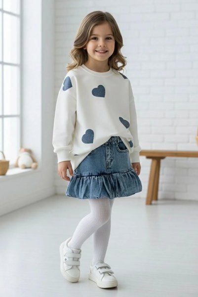 Minigimin Cicileri My Little One's Cicileri Heart Glitter Printed Sweat Denim Skirt 2-Piece Set -Blue