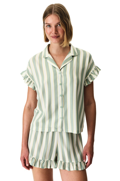 Penti Green Sage Striped Short Sleeve Shirt Shorts Pajama Set