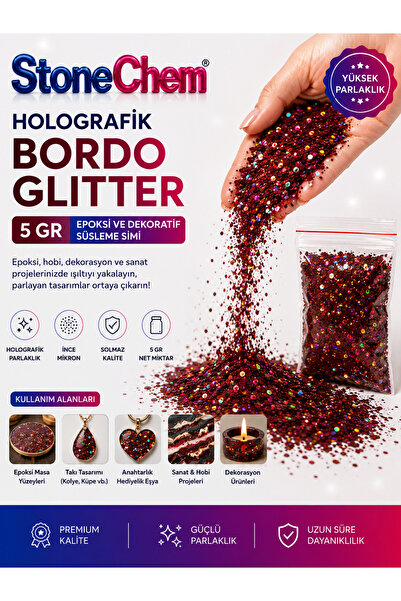 stonechem Holografik Bordo Glitter 5 gr Epoksi ve Dekoratif Süsleme Simi