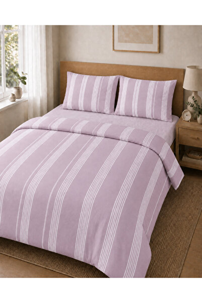 Nevora Lilac Striped Double Duvet Cover Set 4 Piece Bedding Set with Sheets