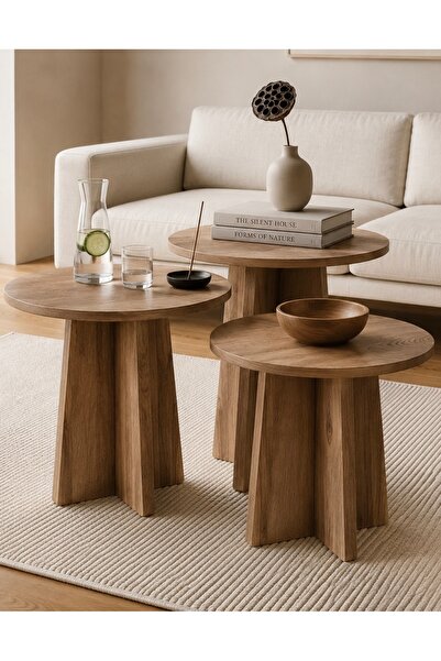 Modura Home 3 lü Zigon sehpa Mantar Sehpa Ahşap Desen Orta Yan Sehpa