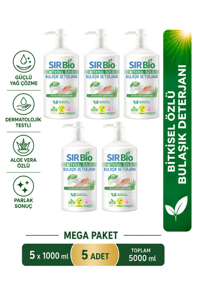 SIR Bio Bitkisel Özlü Elde Bulaşık Deterjanı 1000 ml Pompalı Şişe 5'li ( 1000...
