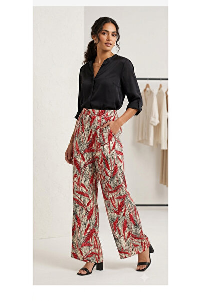 Sude Women's Woven Fabric Red Cream Black Pocket Wide Leg Trousers