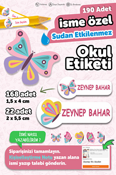 MSticker Okul Etiketi Kalem Defter Etiketi Kelebek Temalı Özel Isim Yazılabil...