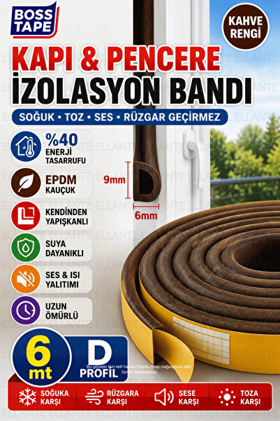 ellante Kapı Pencere İzolasyon Bandı 6 Metre D Profil EPDM Kauçuk Kendinden Y...