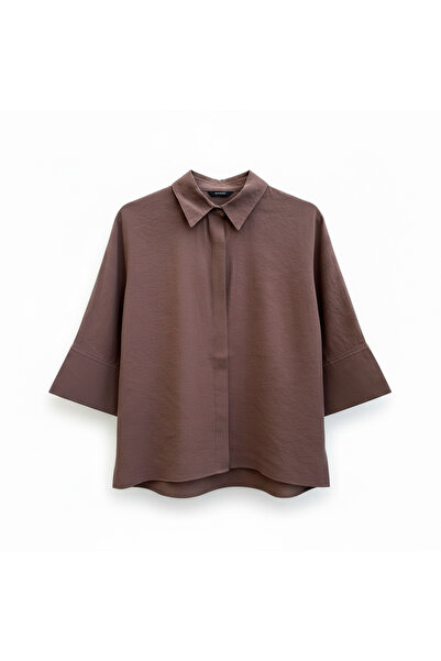 FEG STORE Brown Bat Sleeve Double Cuffed Modal Oversize Shirt