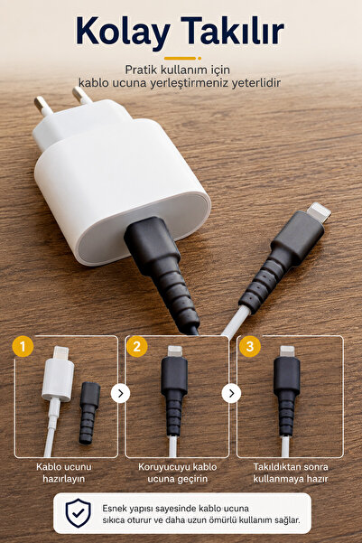 omilife Siyah Apple iPhone Kablo Ucu Koruyucu Silikon Lightning Şarj Kablosu Kırılma Önleyici Aparat