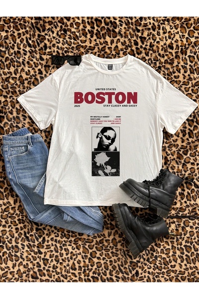 chaygoy Kadın Relaxed Fit Beyaz Tişört Boston Classy Ön Baskılı %100 Pamuk