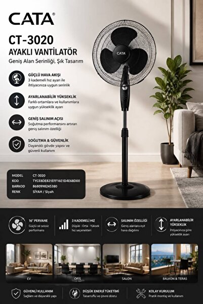 Cata CT-3020 Ayaklı Vantilatör Geniş Alan Soğutma, Ayarlanabilir Yükseklik 3 ...