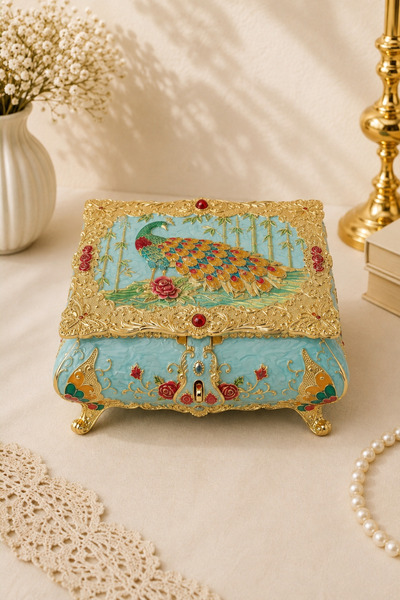 RASHA COLLECTION Mirrored Vintage Jewelry Box with Gold Detail and Blue Rose ...