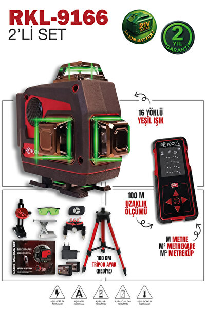 RETOOLS RKL-9166 16 YÖNLÜ HOPARLÖRLÜ LAZER HİZALAMA VE 100 M LAZER METRE (TRİ...