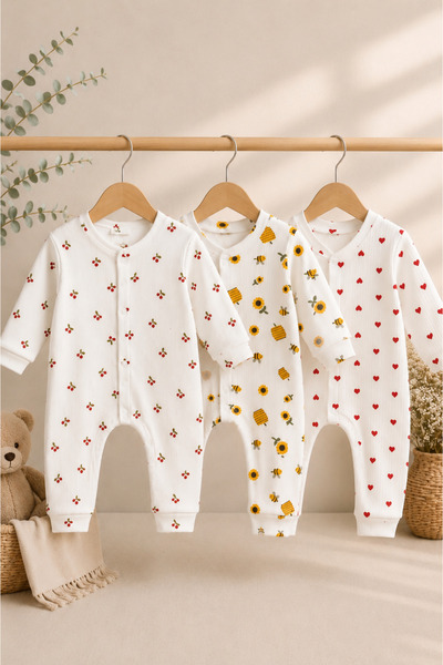 minova baby 3-Piece Baby Girl Romper Set Cotton Ribbed Long Sleeve Snap Rompe...