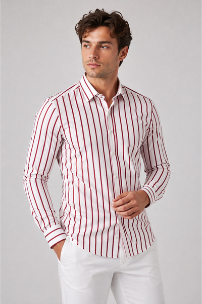 elitpark Cotton Burgundy Striped White Men's Shirt