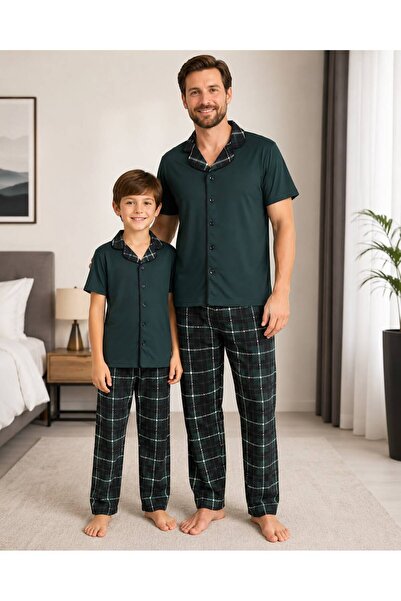 Fil Kids Father-Son Boy Cotton Milan Fabric Green Plaid Shirt Collar Buttoned...