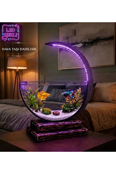 Heryerden Aquarium Ahşap Tabanlı Hilal Akvaryum LED Işıklı Özel Tasarım Beta ...