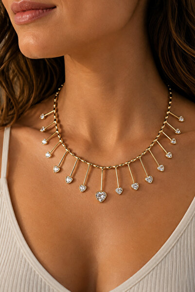 Modex Gold Color Metal Bars Stone Heart Detail Necklace (45cm)