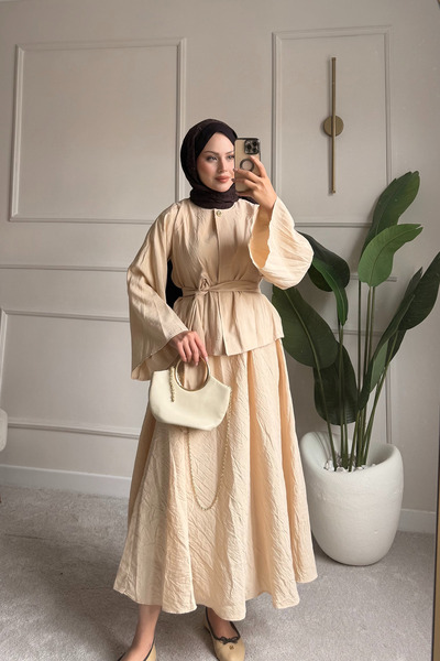 Nsade Crinkle Textured Spanish Sleeve Blouse Elastic Waist Long Skirt Hijab S...
