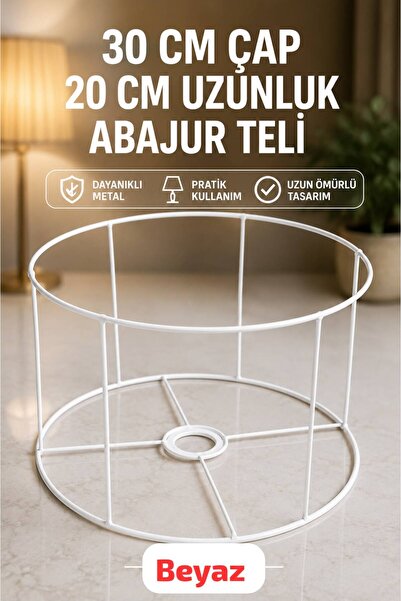 VENON Abajur Teli 30 Cm Silindir Avizeİskelet Beyaz Boyalı Genişlik 30 Cm Lam...