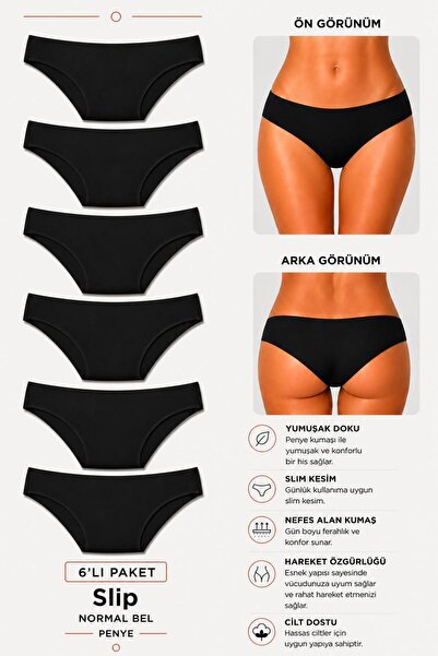 Ka Art Gallery Cotton Basic Normal Waist 6-Piece Slip Panties. Black