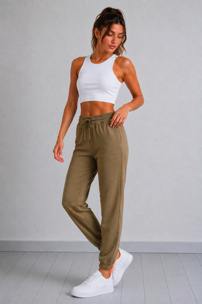 nurneva Women's Basic Model Elastic Cuffed Ankle-Length Khaki Combed Cotton S...