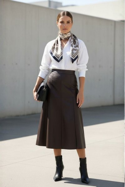 Grenj Fashion Fusta maxi talie înaltă din piele artificială maro