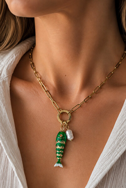 Modex Steel Pearl Detail Green Enamel Fish Bone Necklace (46cm)