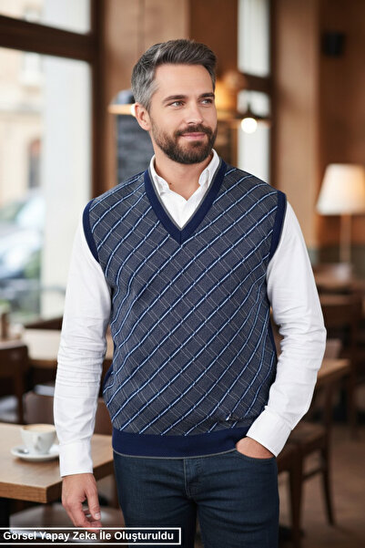 Kamalı Men's Navy Blue Anti-Pilling Fabric Standard Fit Regular Cut V-Neck Kn...