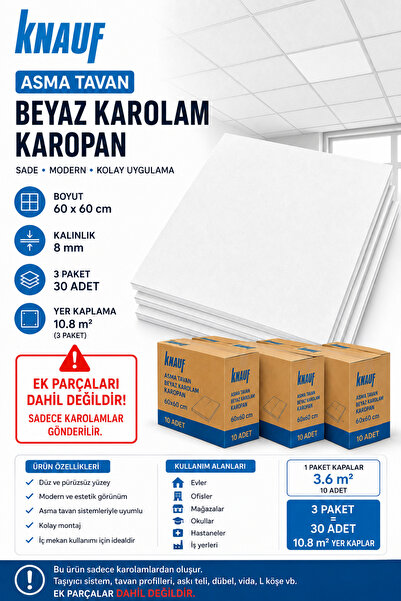 Ymc Knauf Asma Tavan Beyaz Karolam Karopan 3 Paket Içerisinde 30 Adet Var 60*...