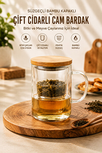 Ercazzo Bambu Kapaklı Borosilikat Cam Bardak Süzgeçli Kulplu Demlikli Çift Ci...